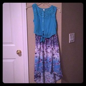 Long blue floral dress.